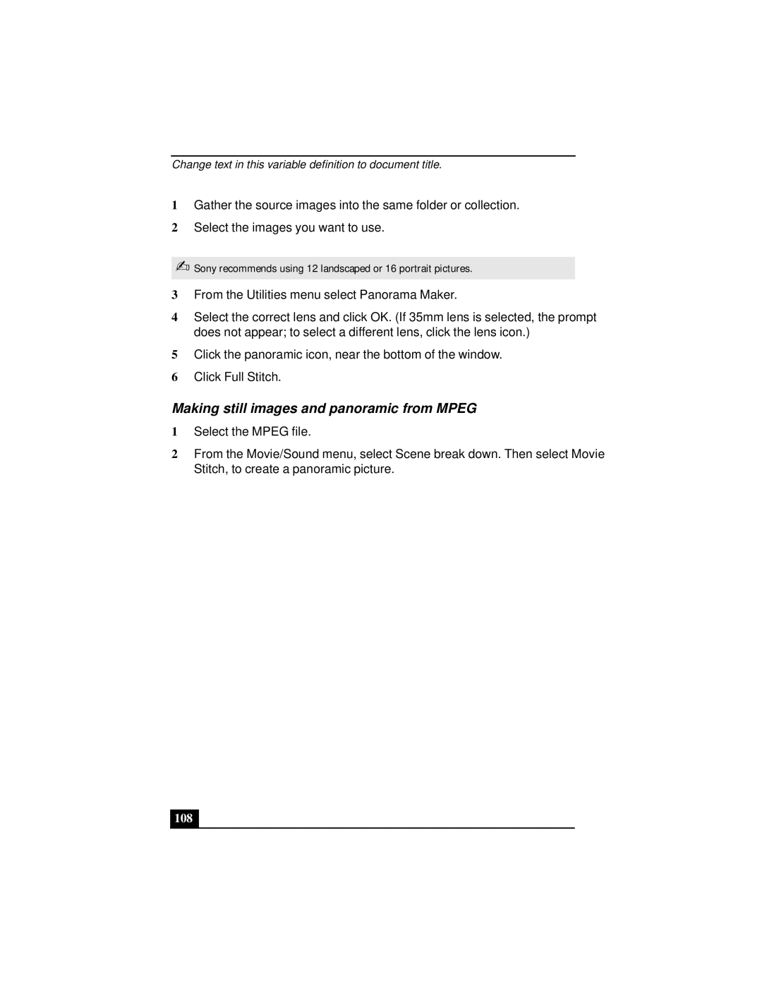 Sony Notebook Computer manual Making still images and panoramic from Mpeg, 108 