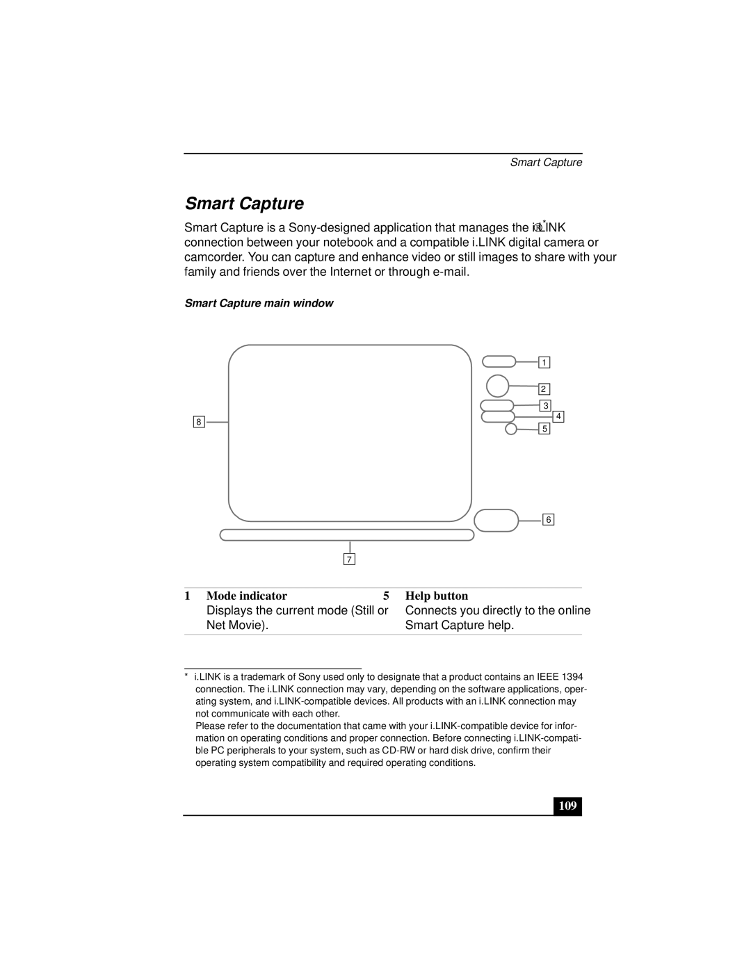 Sony Notebook Computer manual Mode indicator Help button, 109, Smart Capture main window 