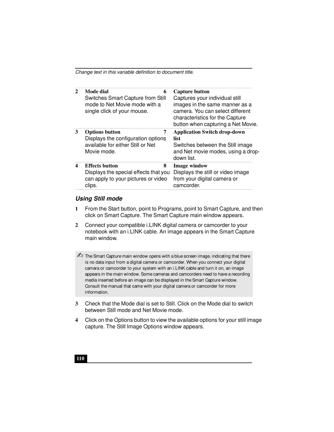 Sony Notebook Computer manual Using Still mode, 110 