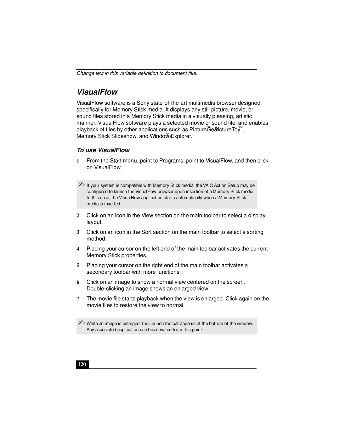 Sony Notebook Computer manual To use VisualFlow, 120 