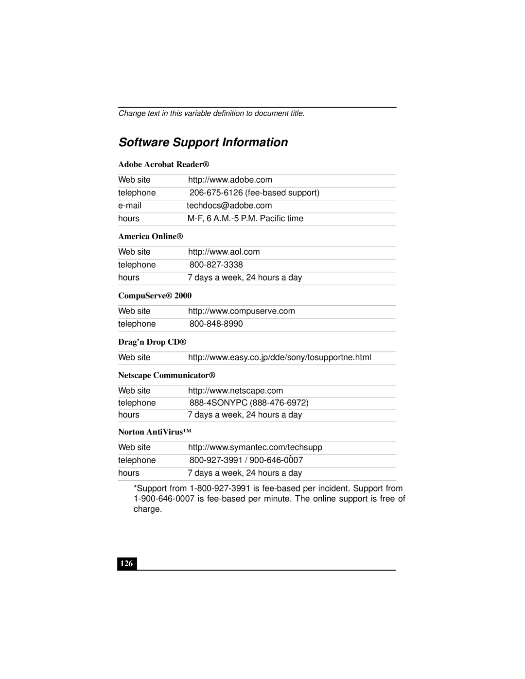 Sony Notebook Computer manual Software Support Information, 126 