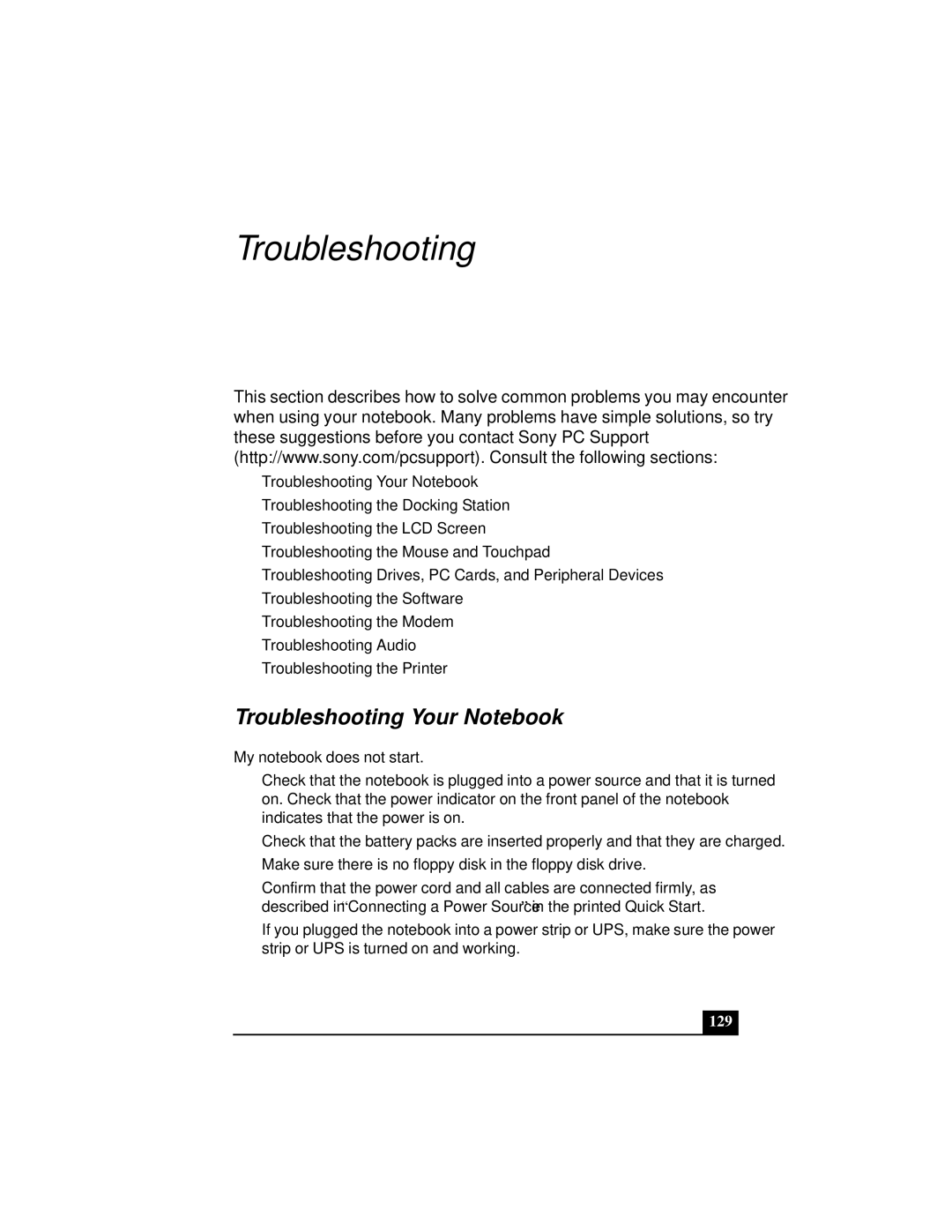 Sony Notebook Computer manual Troubleshooting Your Notebook, My notebook does not start, 129 