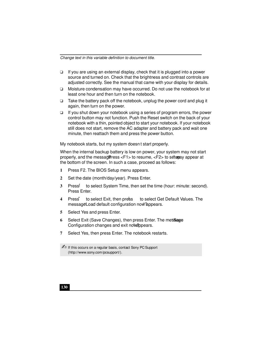 Sony Notebook Computer manual My notebook starts, but my system doesn’t start properly, 130 