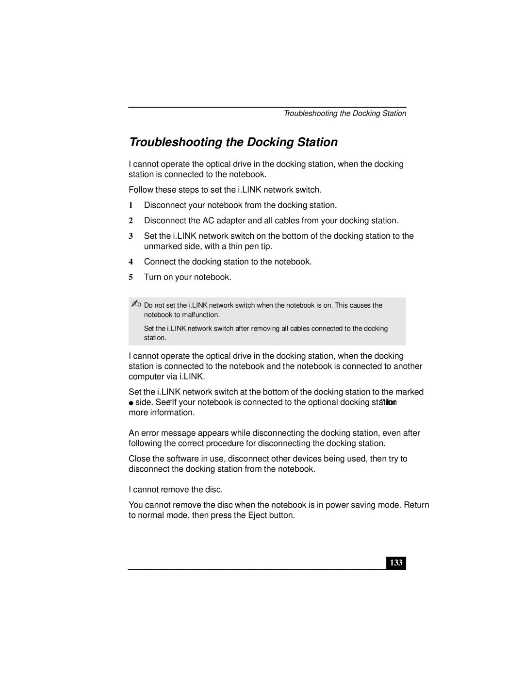 Sony Notebook Computer manual Troubleshooting the Docking Station, Cannot remove the disc, 133 