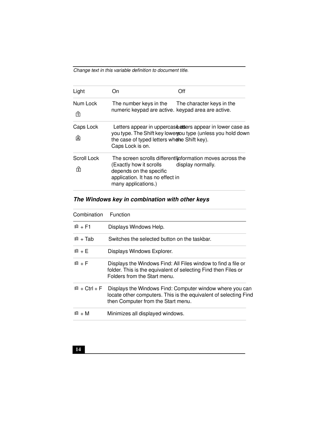 Sony Notebook Computer manual Windows key in combination with other keys, Combination Function 