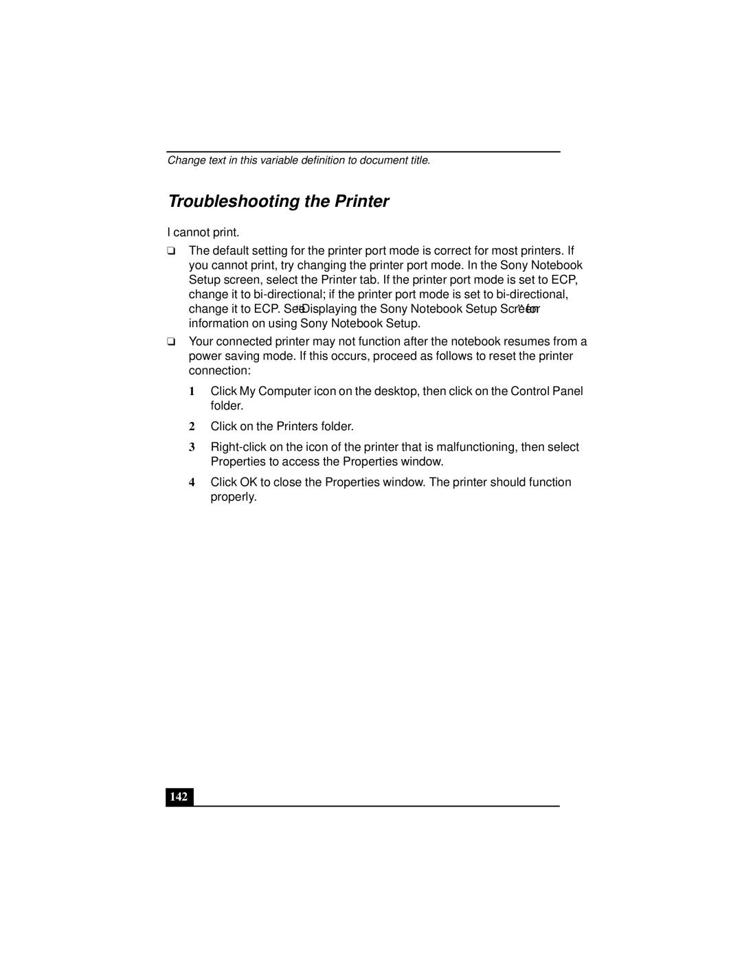 Sony Notebook Computer manual Troubleshooting the Printer, Cannot print, 142 