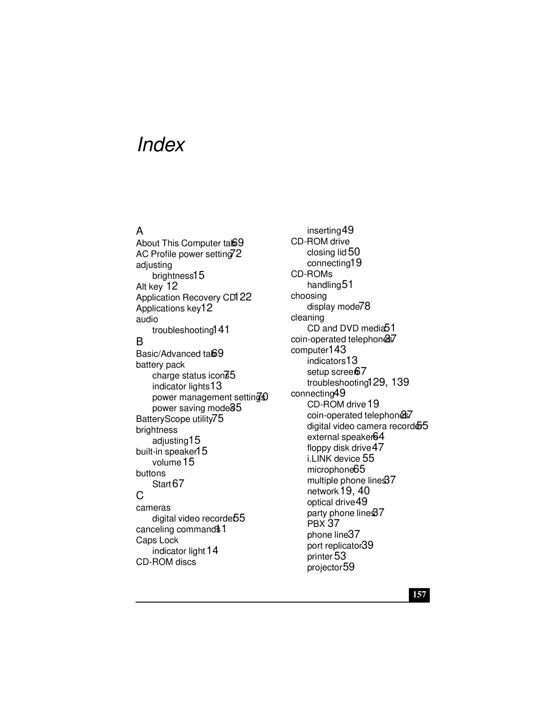 Sony Notebook Computer manual Index, 157 