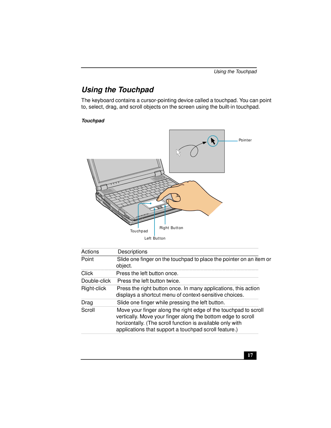 Sony Notebook Computer manual Using the Touchpad, Actions Descriptions 