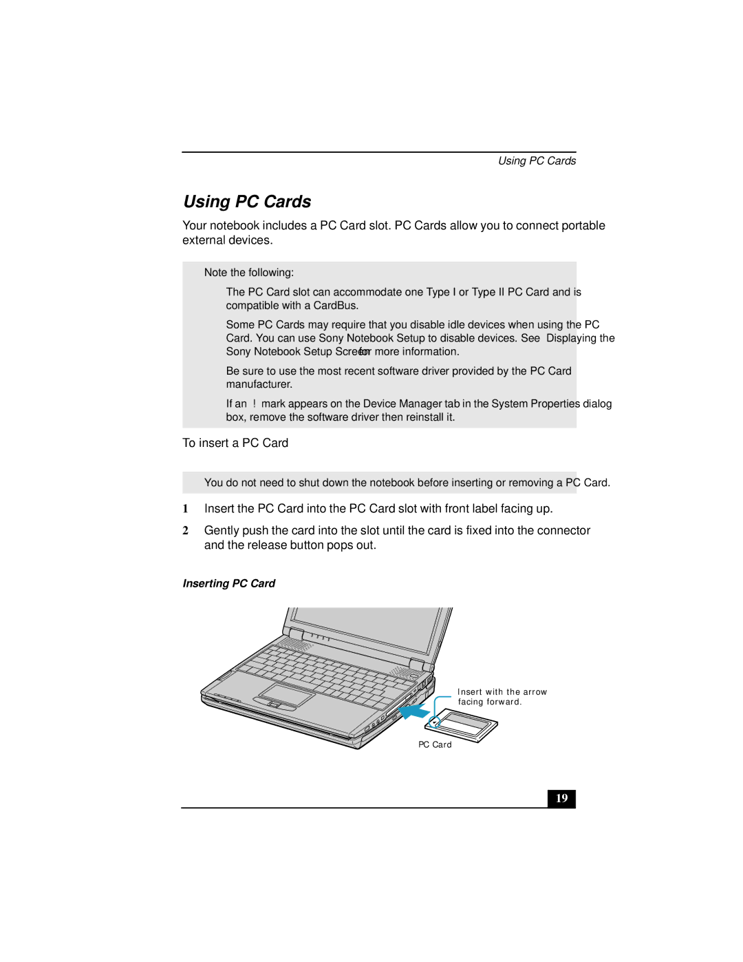 Sony Notebook Computer manual Using PC Cards, To insert a PC Card, Inserting PC Card 