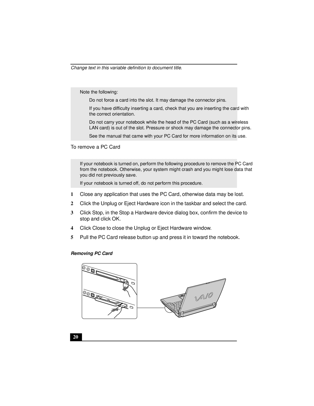 Sony Notebook Computer manual To remove a PC Card, Removing PC Card 