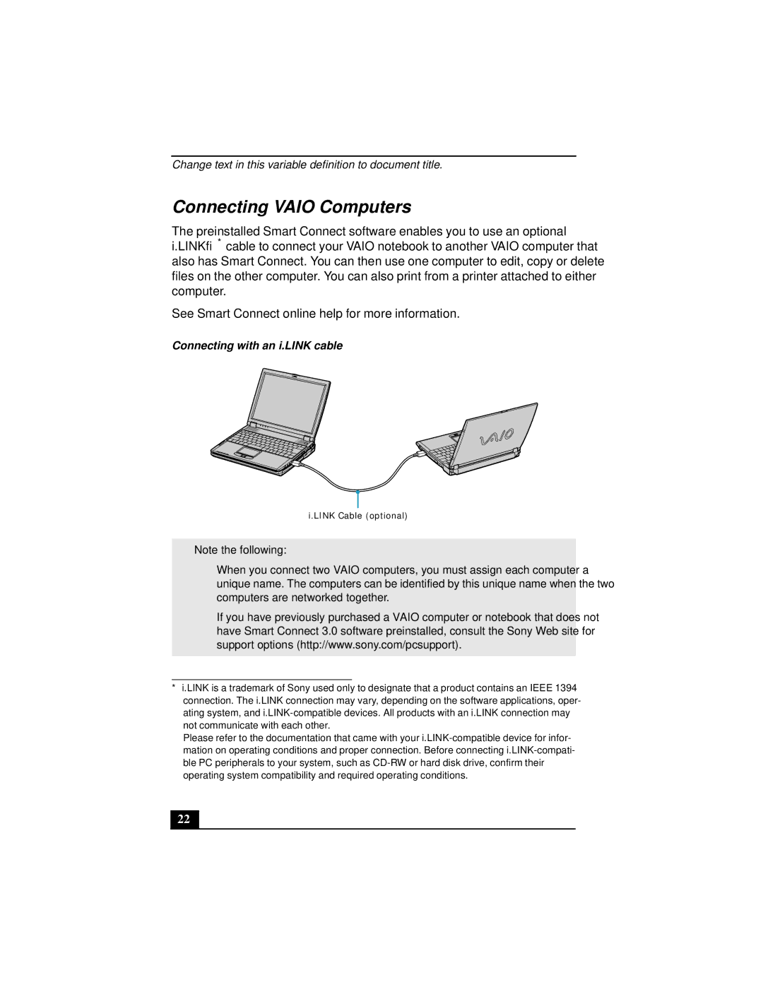 Sony Notebook Computer manual Connecting Vaio Computers, Connecting with an i.LINK cable 