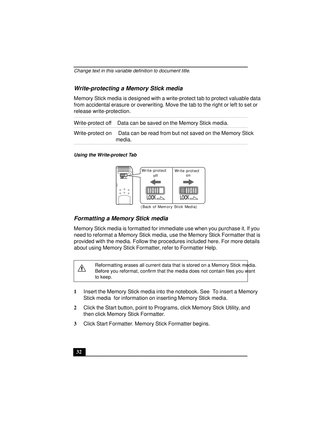 Sony Notebook Computer Write-protecting a Memory Stick media, Formatting a Memory Stick media, Using the Write-protect Tab 