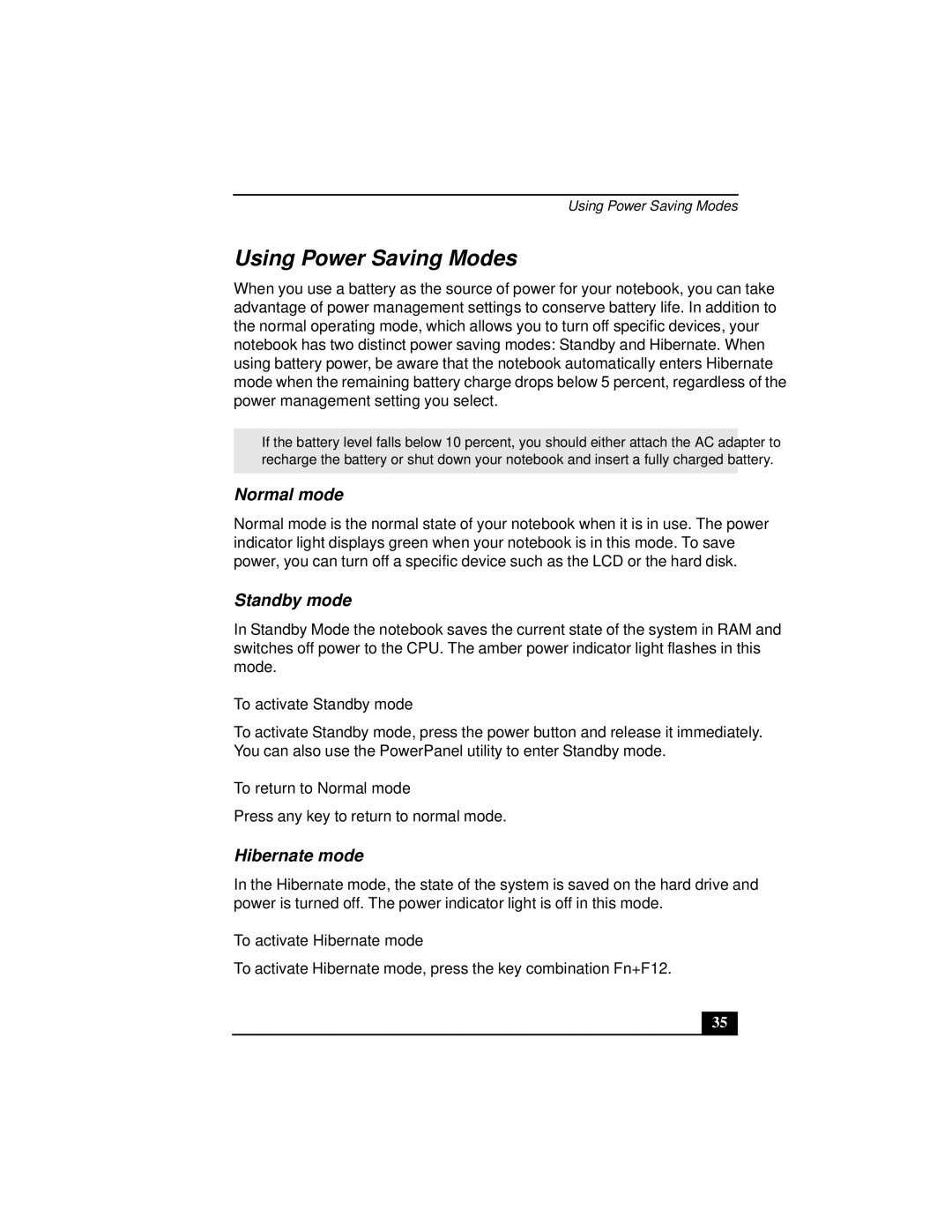 Sony Notebook Computer manual Using Power Saving Modes, Normal mode, Standby mode, Hibernate mode 