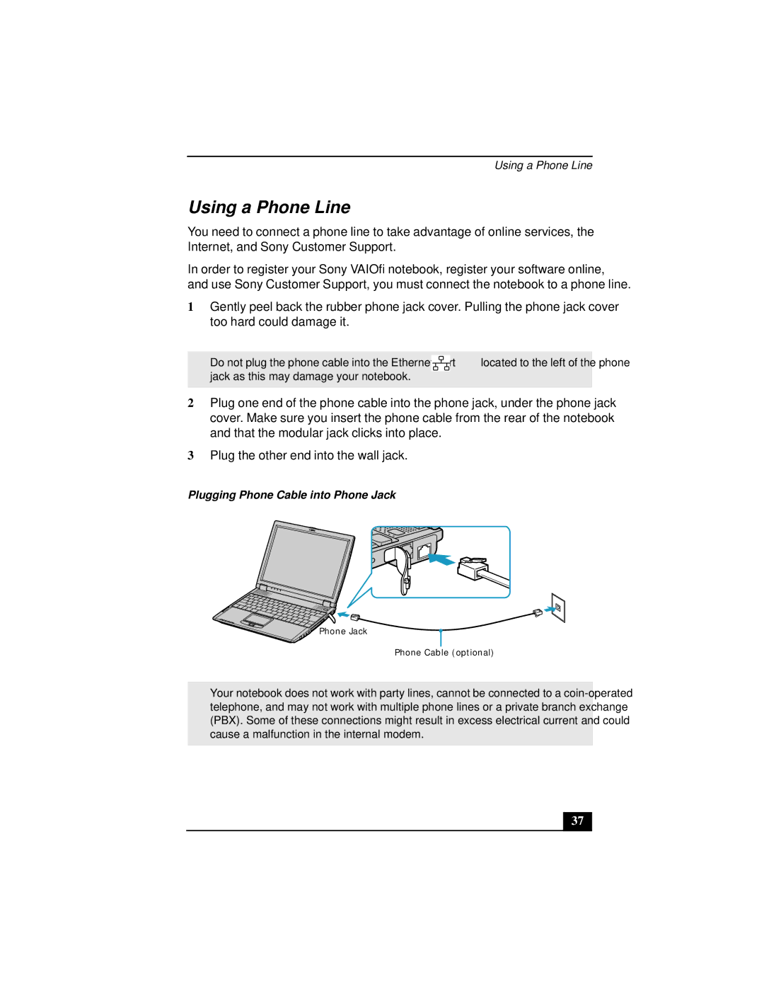 Sony Notebook Computer manual Using a Phone Line, Plugging Phone Cable into Phone Jack 