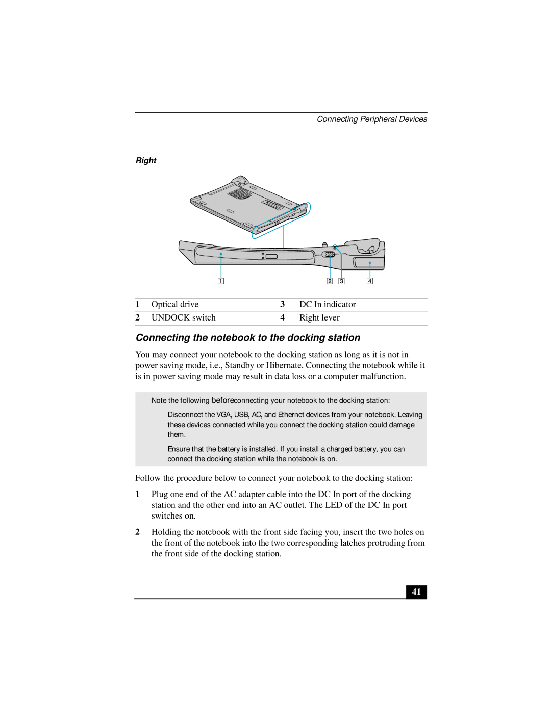 Sony Notebook Computer manual Connecting the notebook to the docking station, Right 