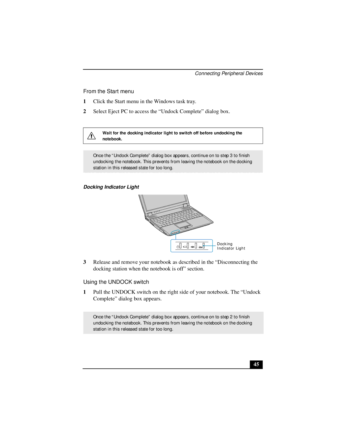 Sony Notebook Computer manual From the Start menu, Using the Undock switch, Docking Indicator Light 