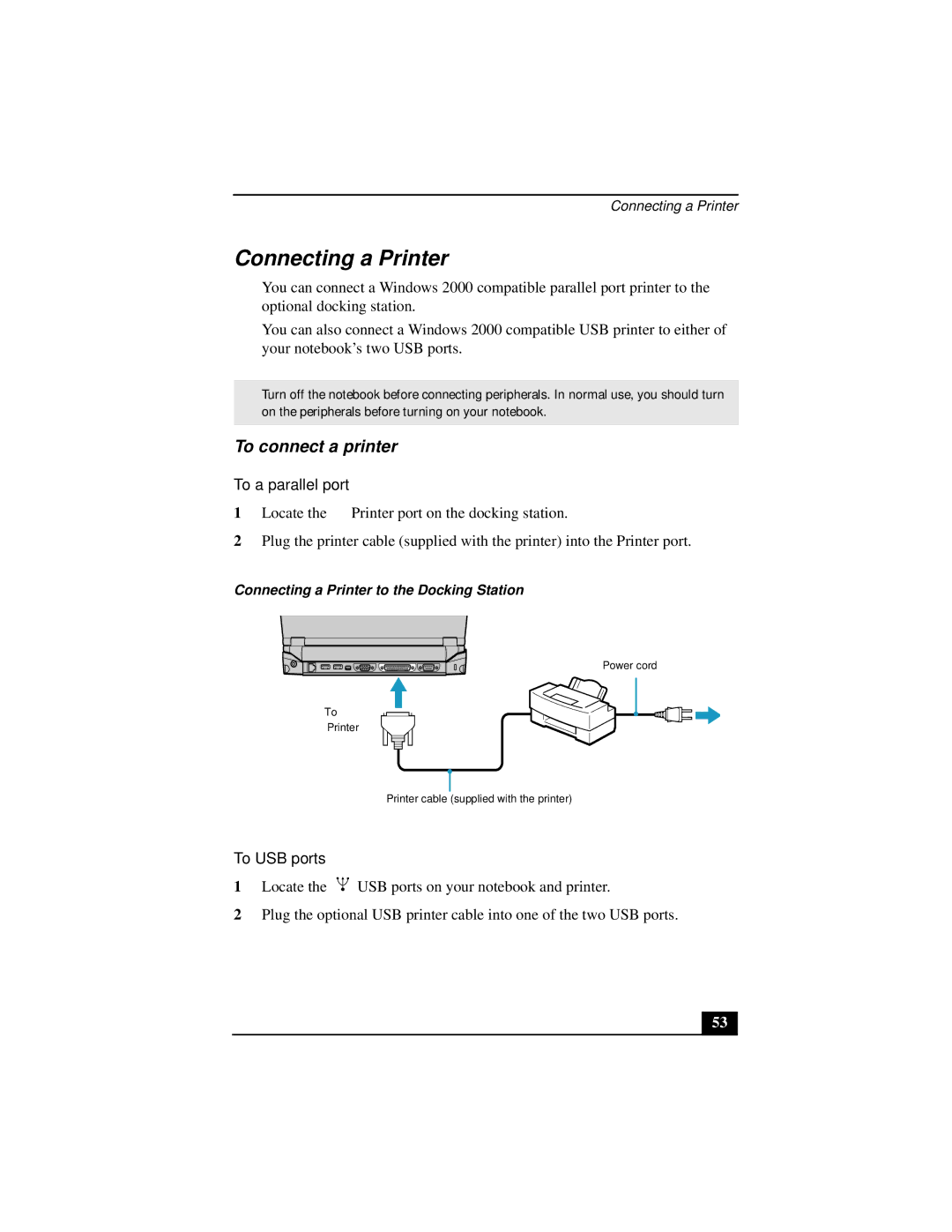 Sony Notebook Computer manual Connecting a Printer, To connect a printer, To a parallel port, To USB ports 