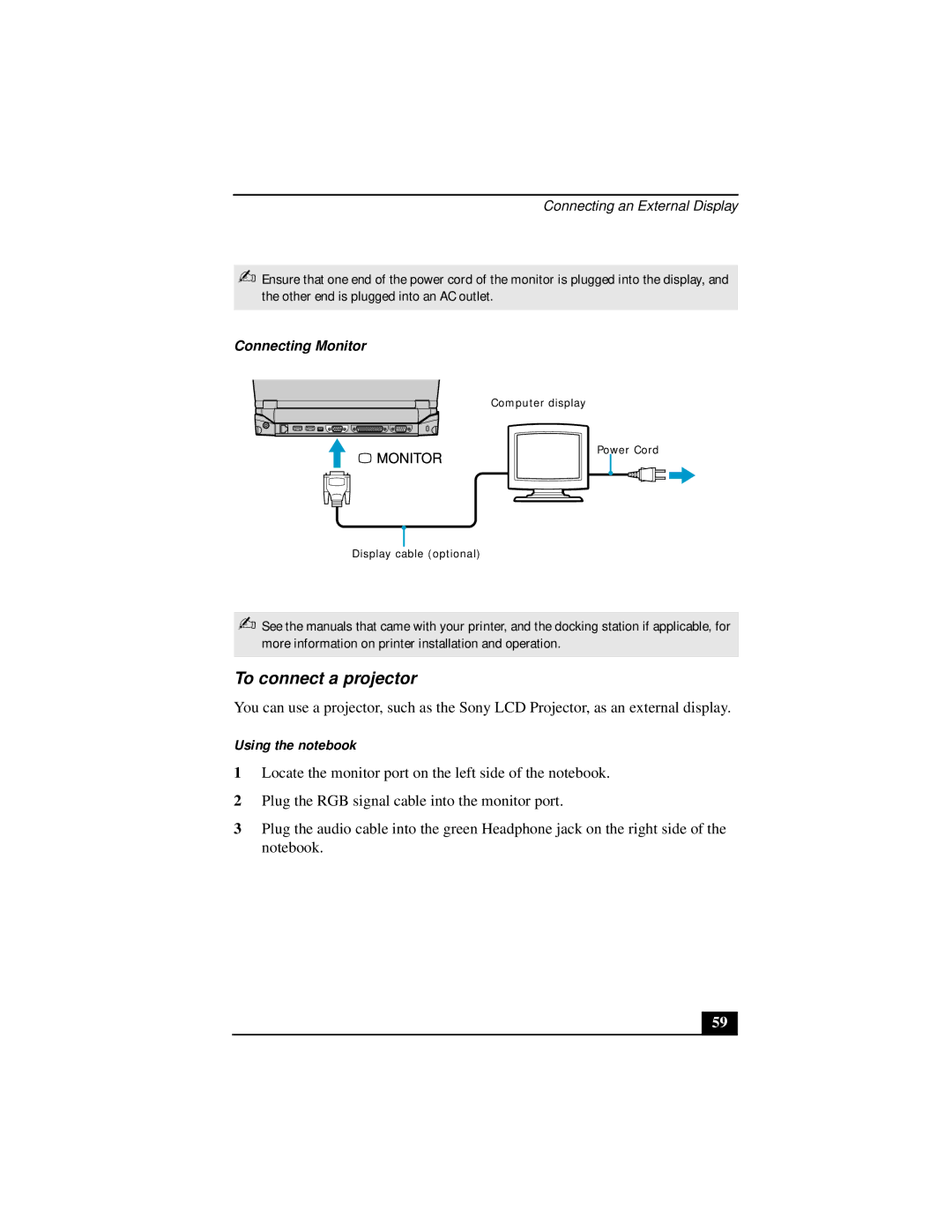 Sony Notebook Computer manual To connect a projector, Connecting an External Display 