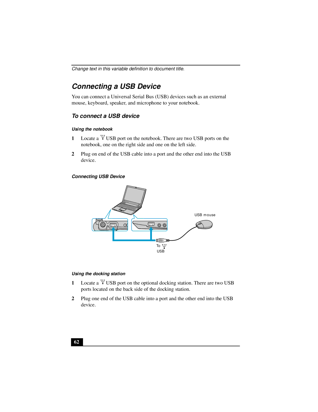 Sony Notebook Computer manual Connecting a USB Device, To connect a USB device, Connecting USB Device 