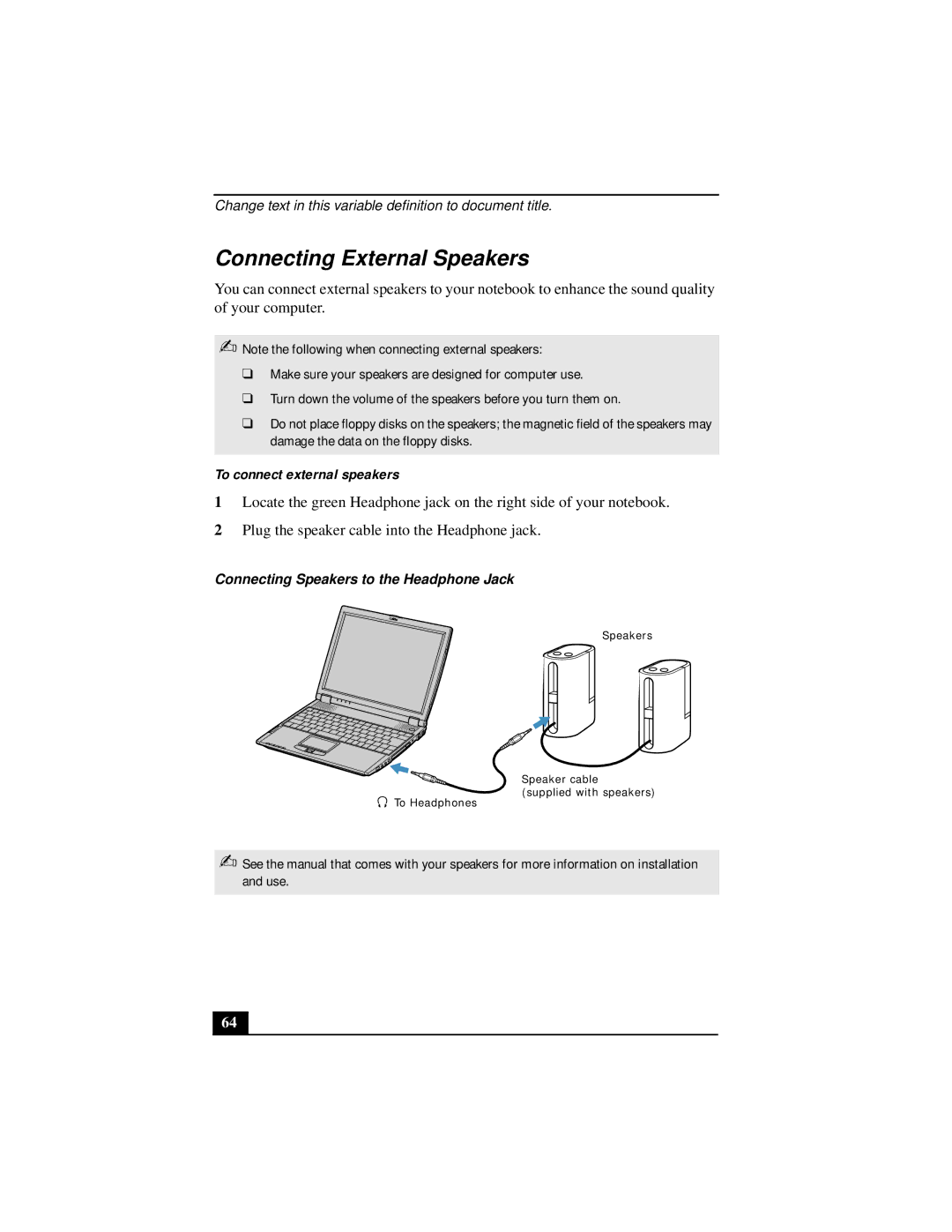 Sony Notebook Computer manual Connecting External Speakers, To connect external speakers 