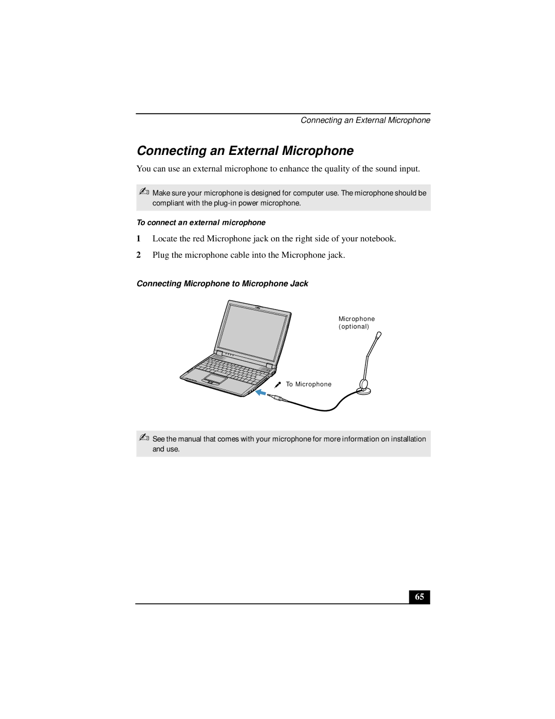 Sony Notebook Computer manual Connecting an External Microphone, To connect an external microphone 