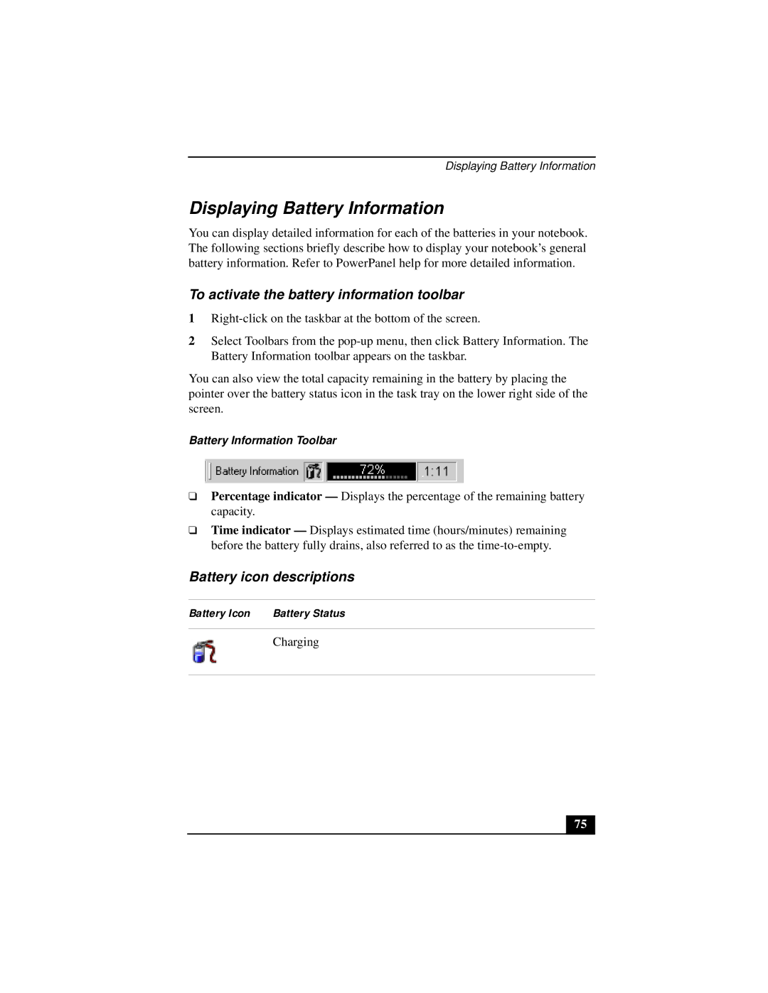 Sony Notebook Computer manual Displaying Battery Information, To activate the battery information toolbar 