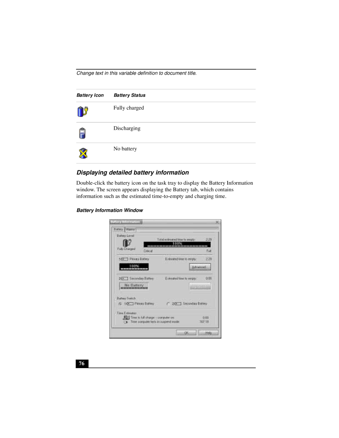 Sony Notebook Computer manual Displaying detailed battery information, Battery Information Window 