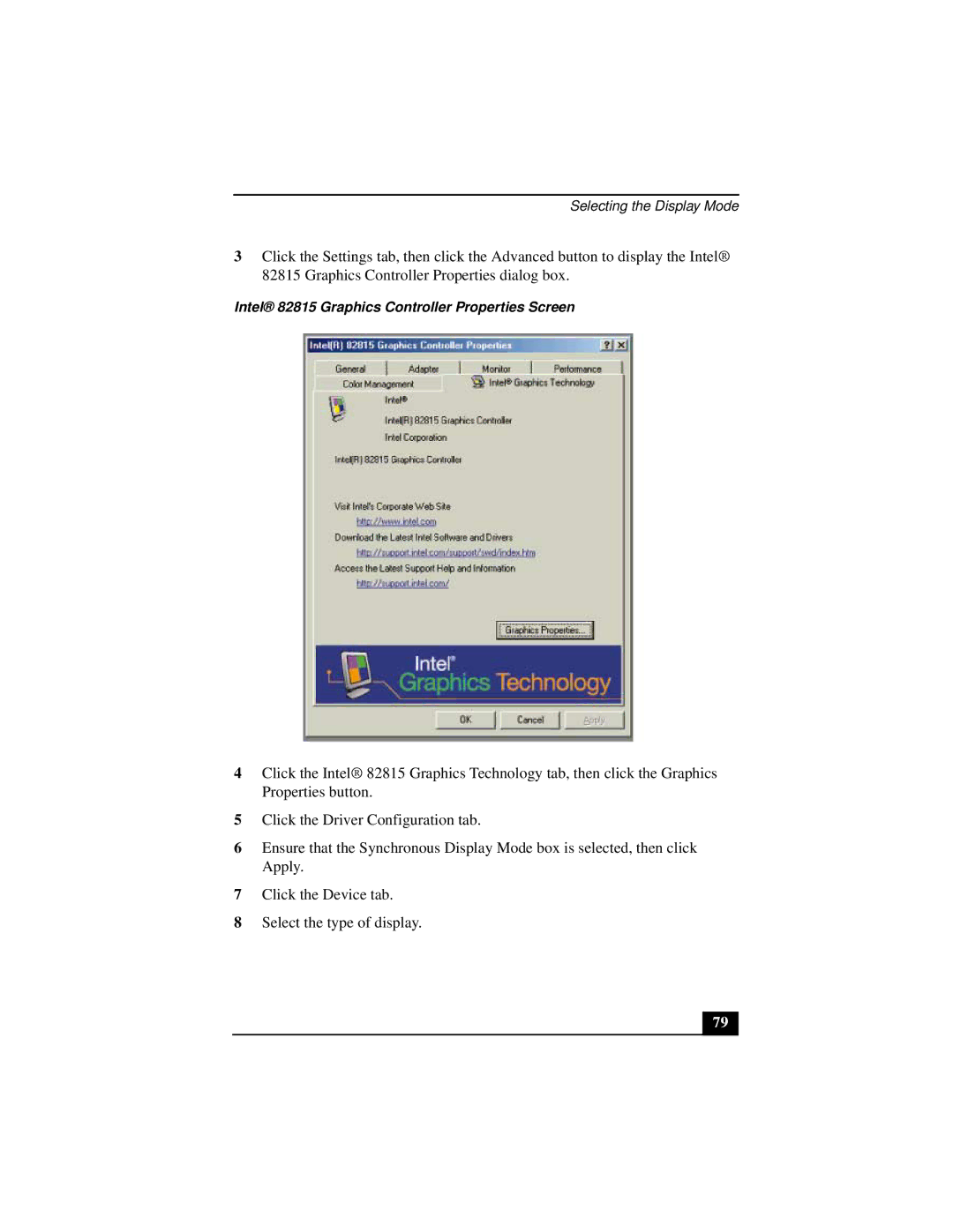 Sony Notebook Computer manual Intel 82815 Graphics Controller Properties Screen 