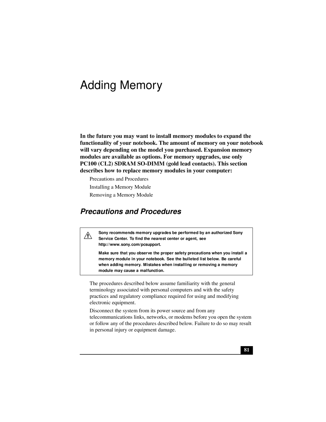 Sony Notebook Computer manual Adding Memory, Precautions and Procedures 