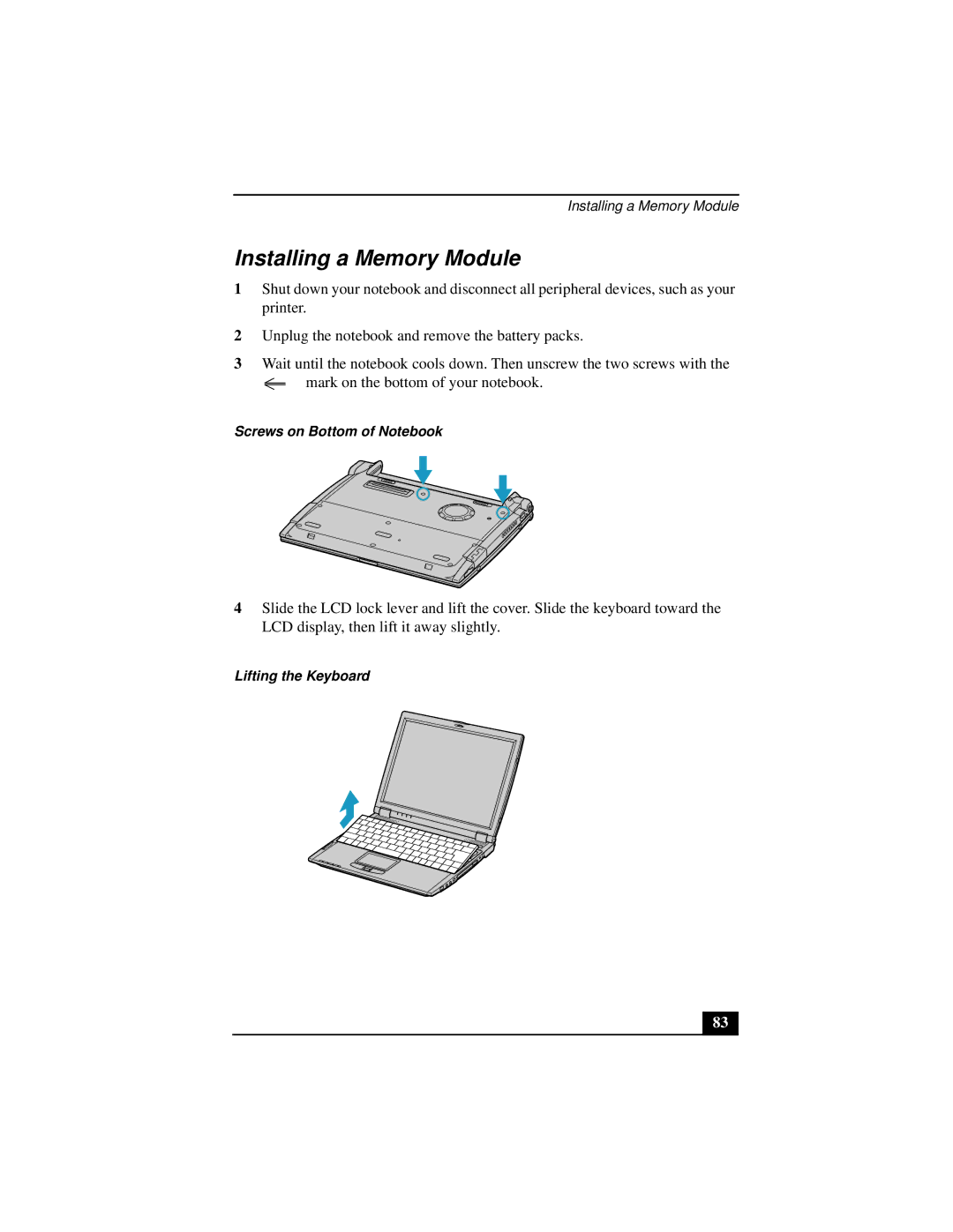 Sony Notebook Computer manual Installing a Memory Module, Screws on Bottom of Notebook, Lifting the Keyboard 