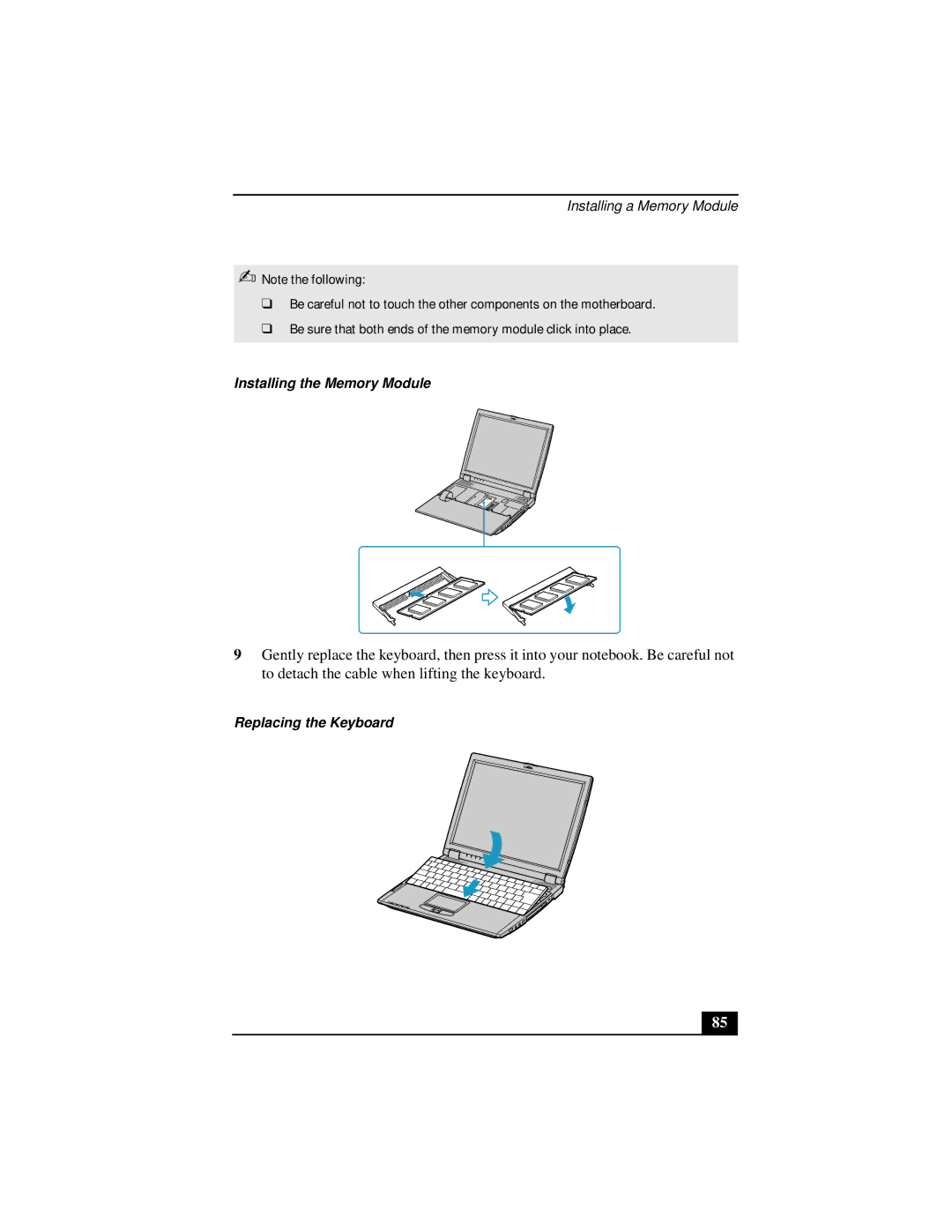 Sony Notebook Computer manual Installing the Memory Module, Replacing the Keyboard 