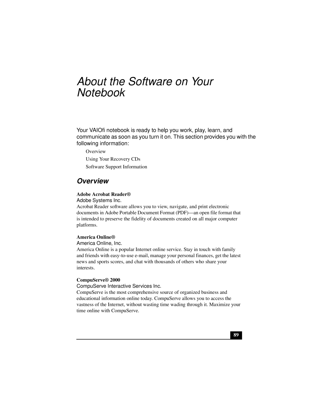 Sony Notebook Computer manual Overview, Adobe Acrobat Reader, America Online, CompuServe 
