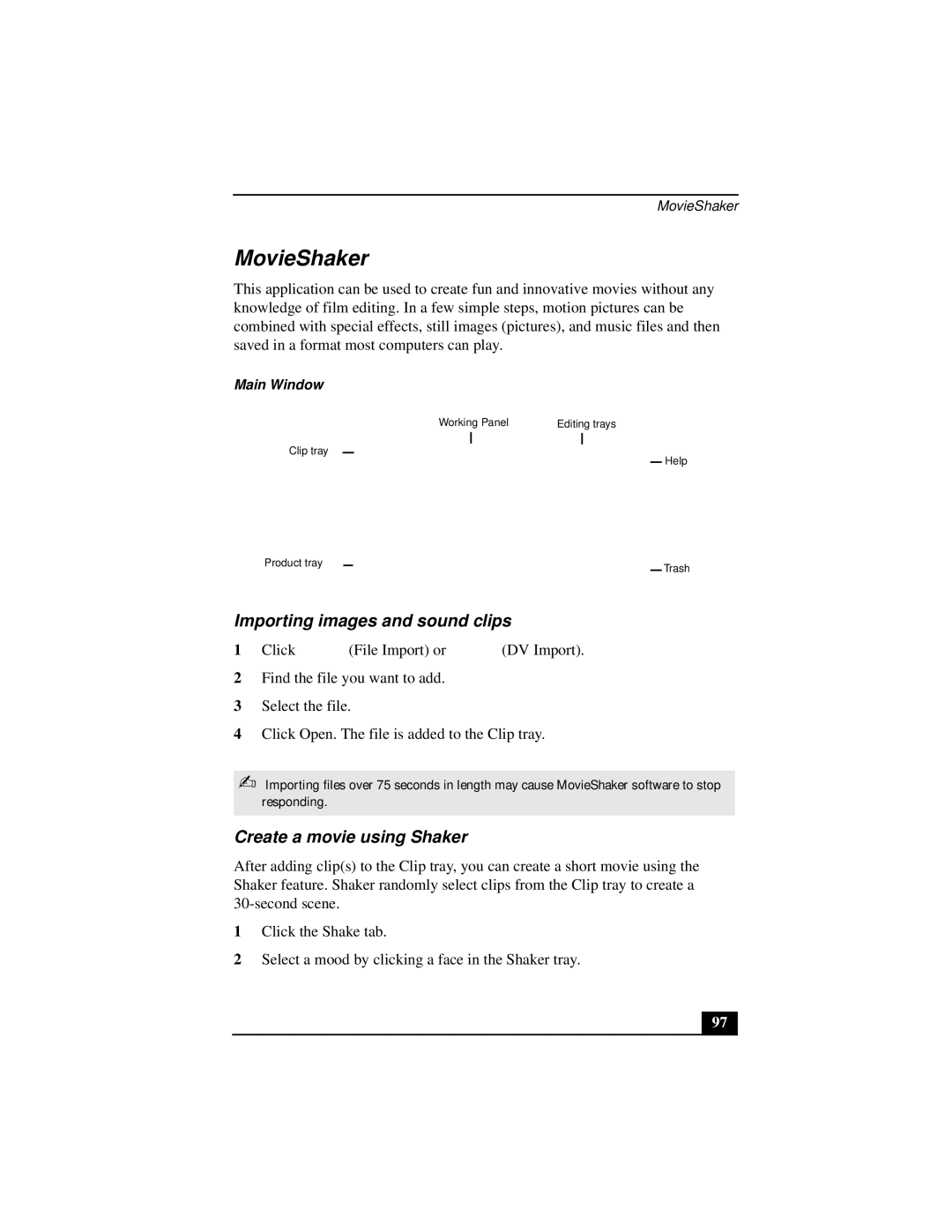 Sony Notebook Computer manual MovieShaker, Importing images and sound clips, Create a movie using Shaker, Main Window 