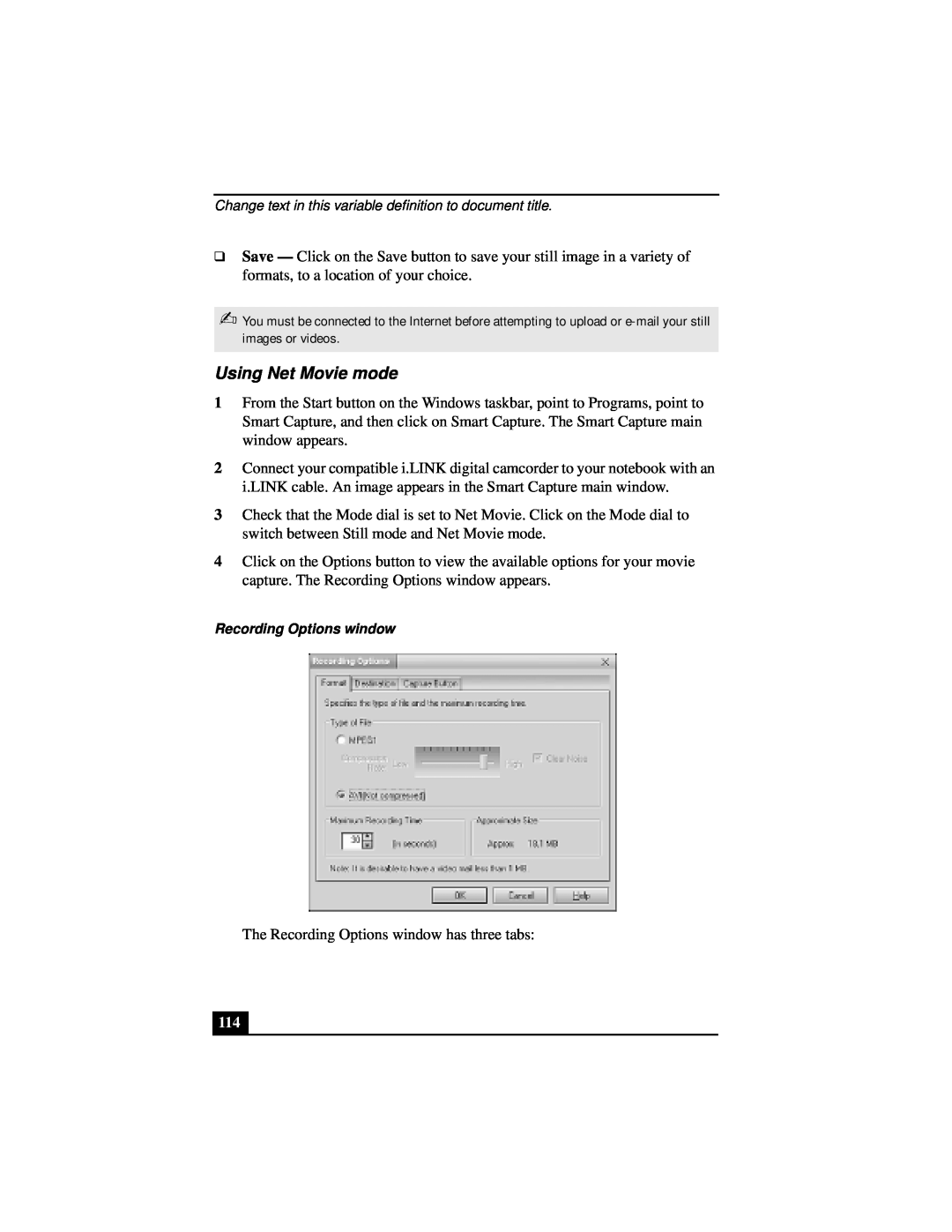 Sony Notebook Computer manual Using Net Movie mode 