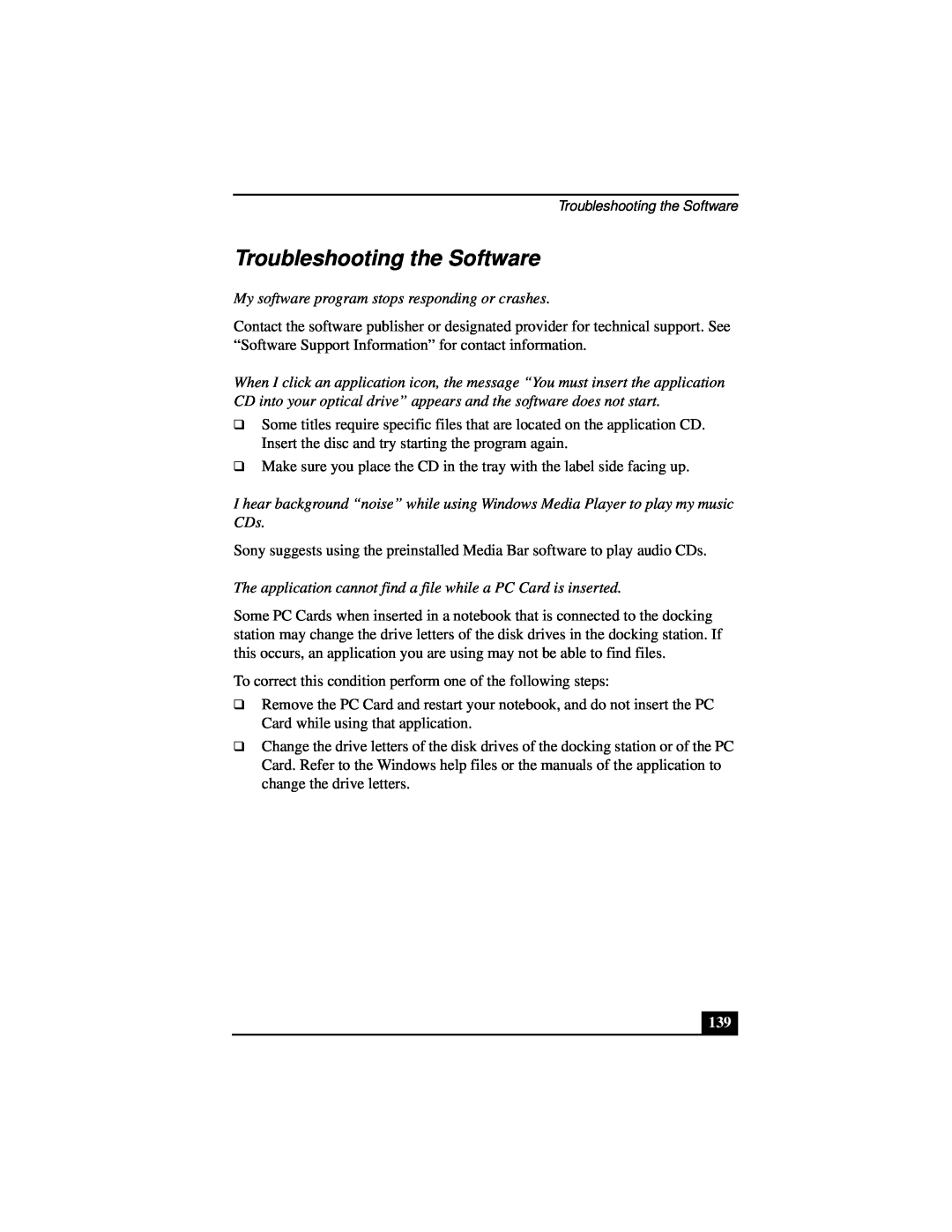 Sony Notebook Computer manual Troubleshooting the Software, My software program stops responding or crashes 