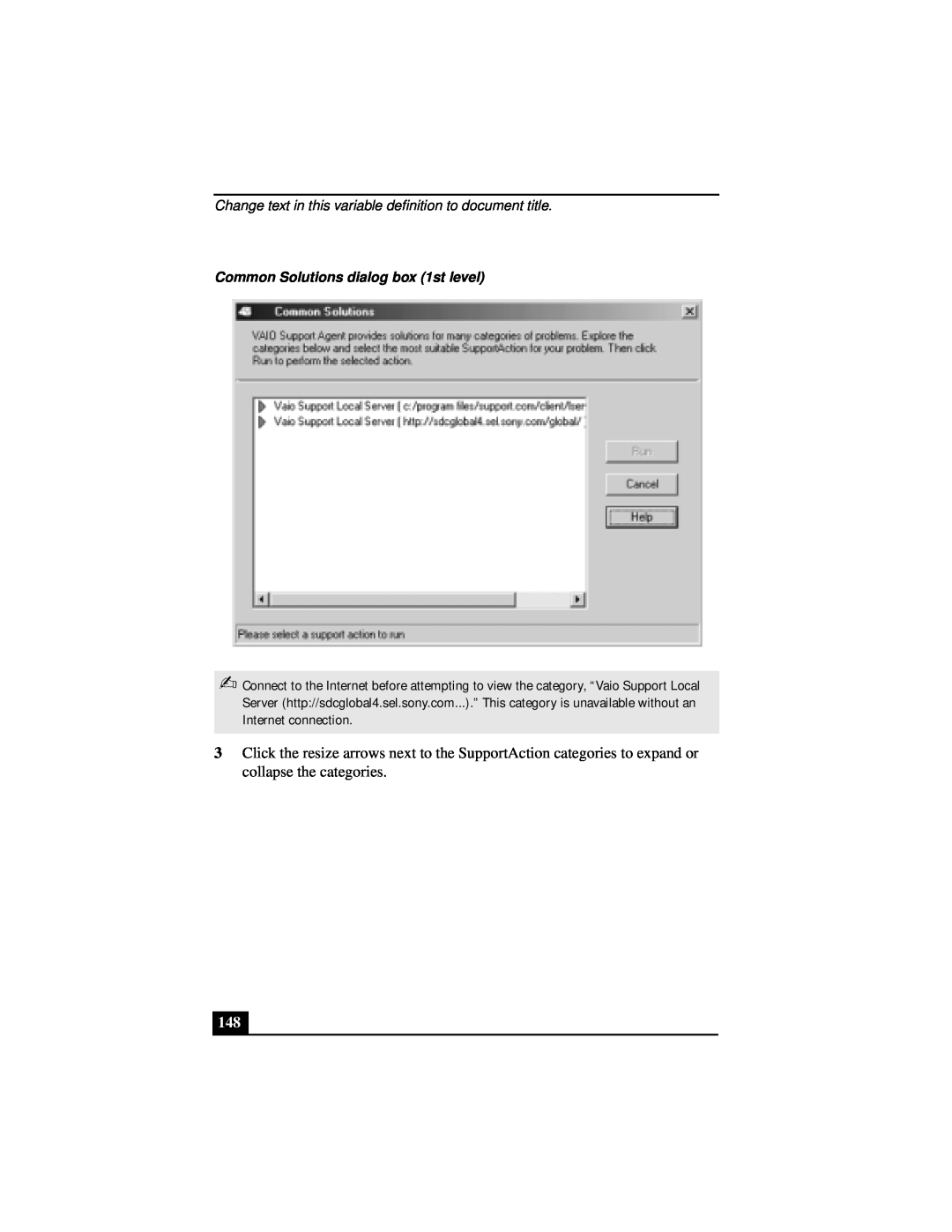 Sony Notebook Computer Change text in this variable definition to document title, Common Solutions dialog box 1st level 
