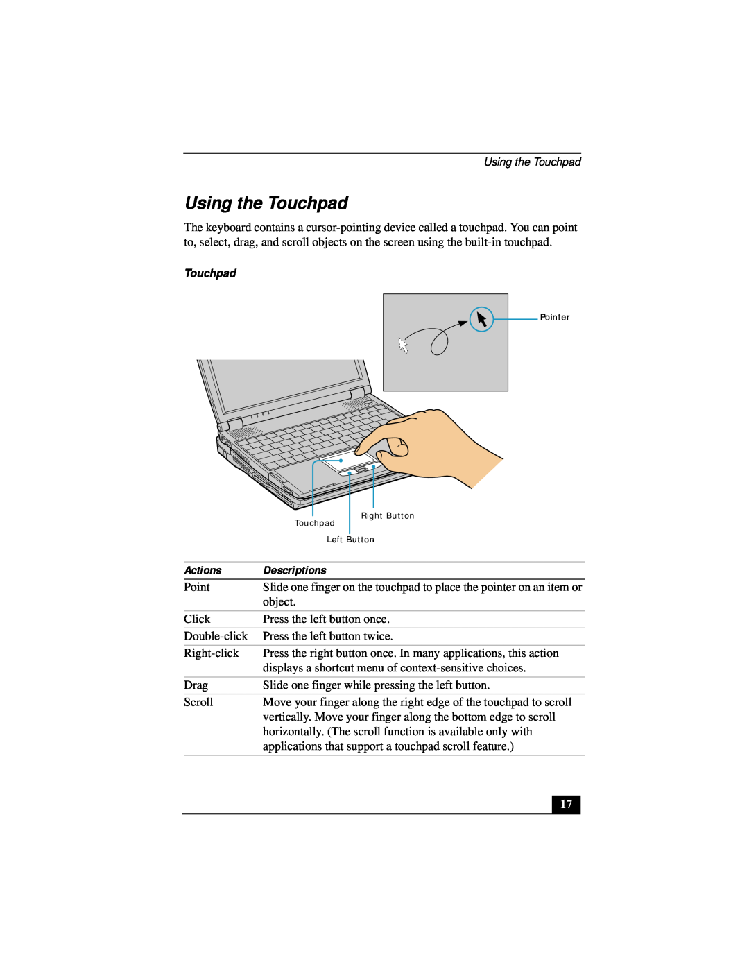 Sony Notebook Computer manual Using the Touchpad, Actions, Descriptions 