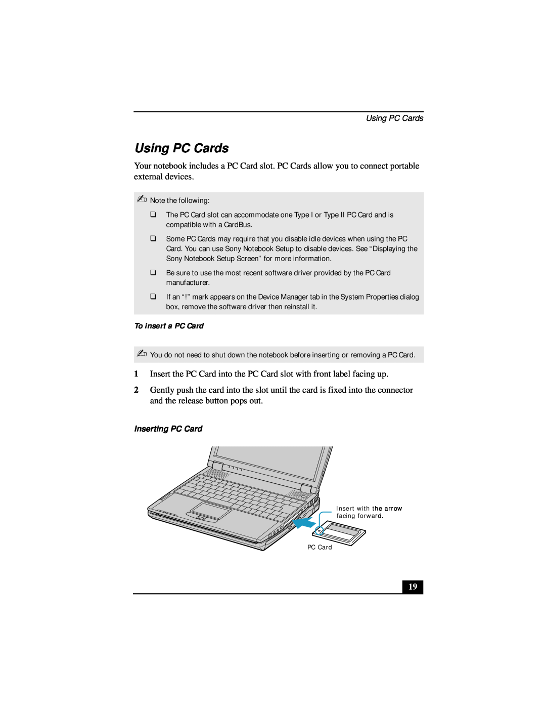 Sony Notebook Computer manual Using PC Cards, To insert a PC Card 