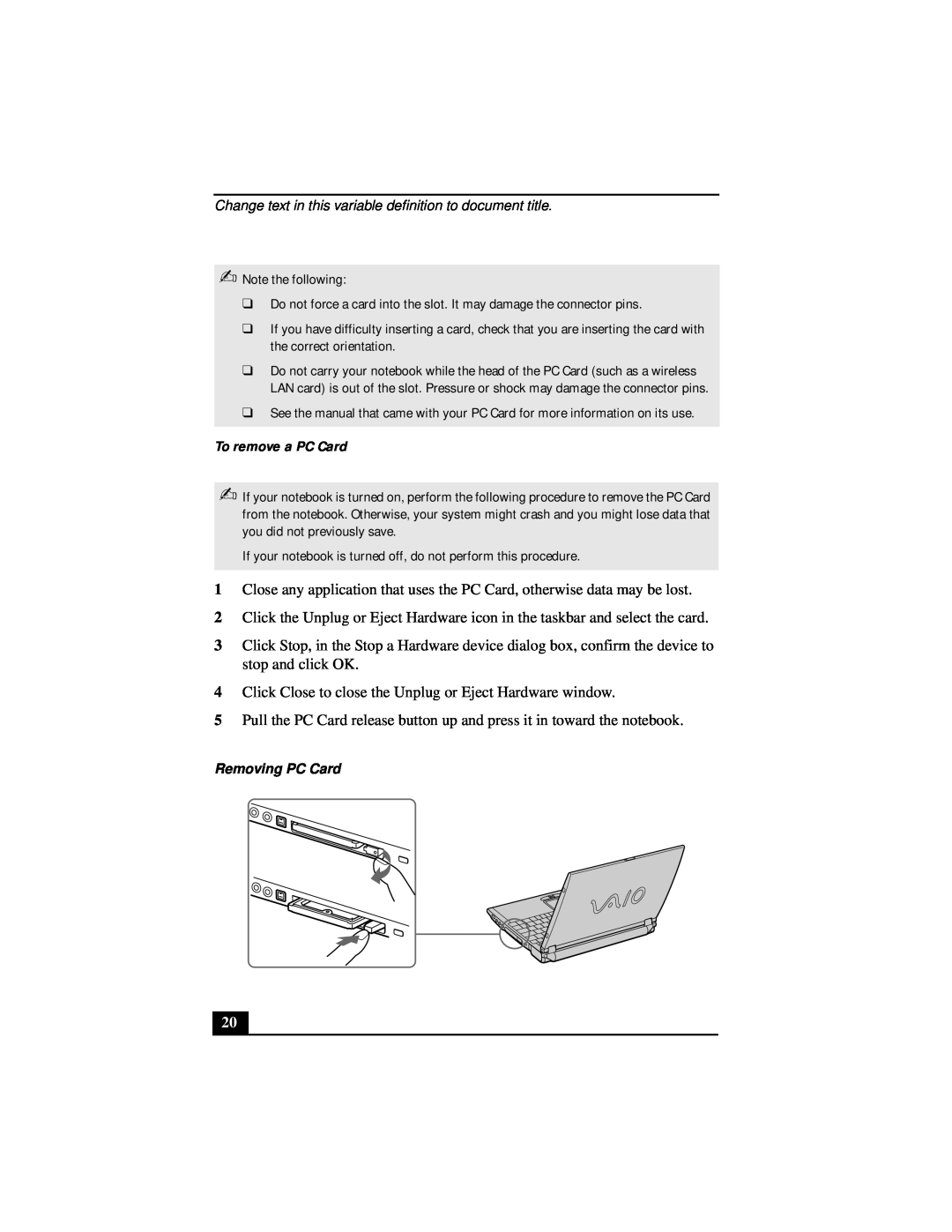 Sony Notebook Computer manual To remove a PC Card 