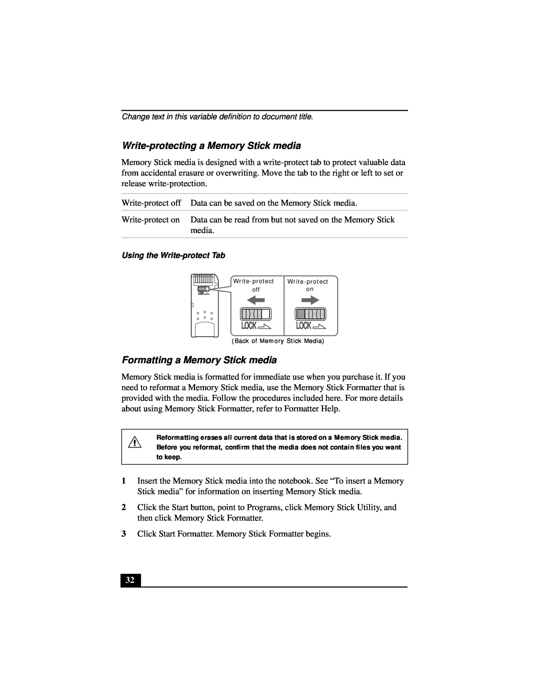Sony Notebook Computer manual Write-protecting a Memory Stick media, Formatting a Memory Stick media, Lock 