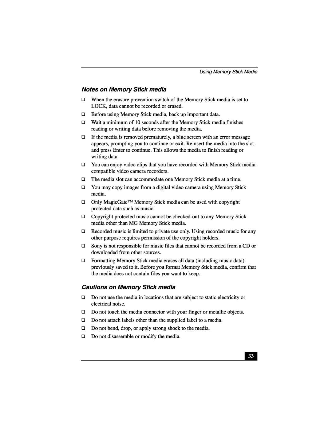 Sony Notebook Computer manual Notes on Memory Stick media, Cautions on Memory Stick media 