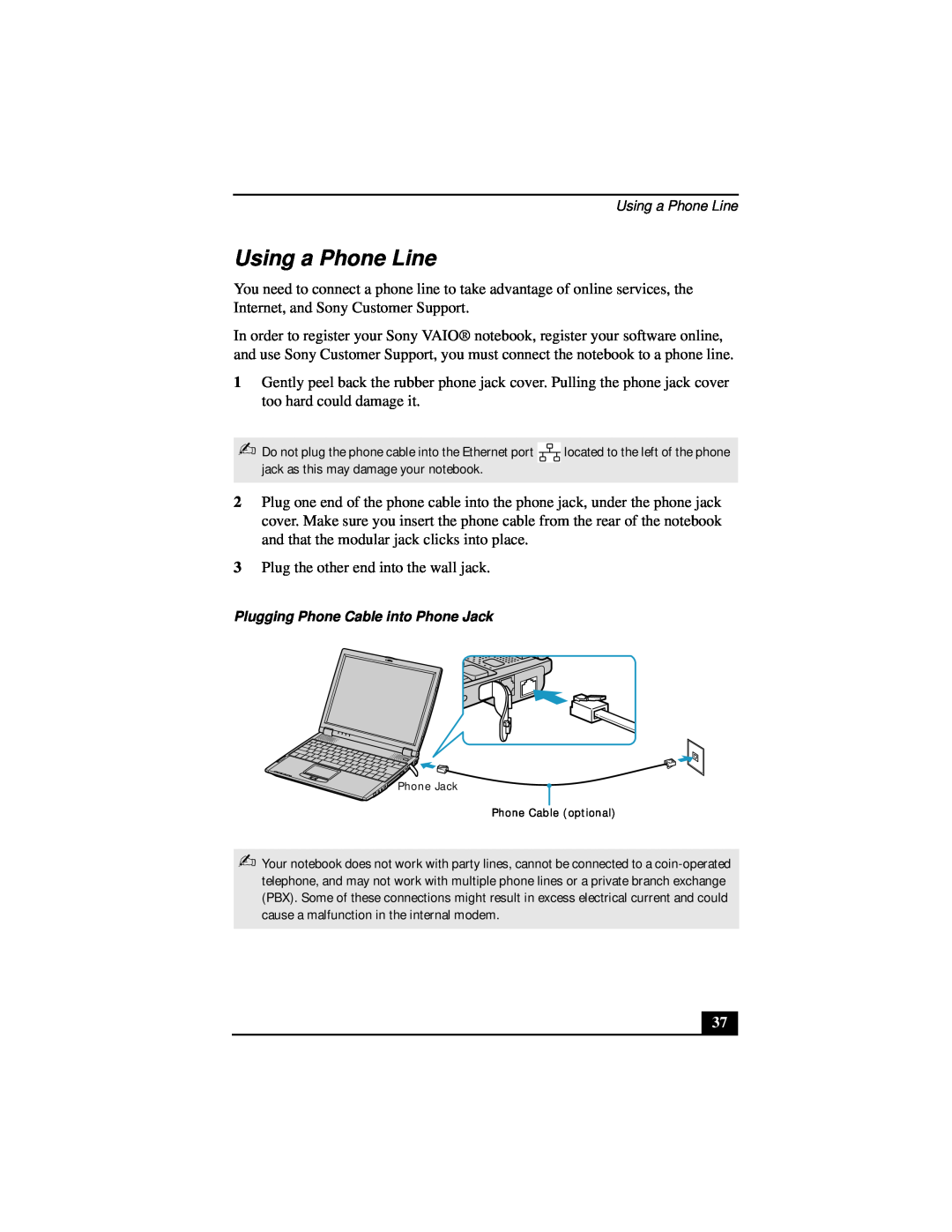 Sony Notebook Computer manual Using a Phone Line 