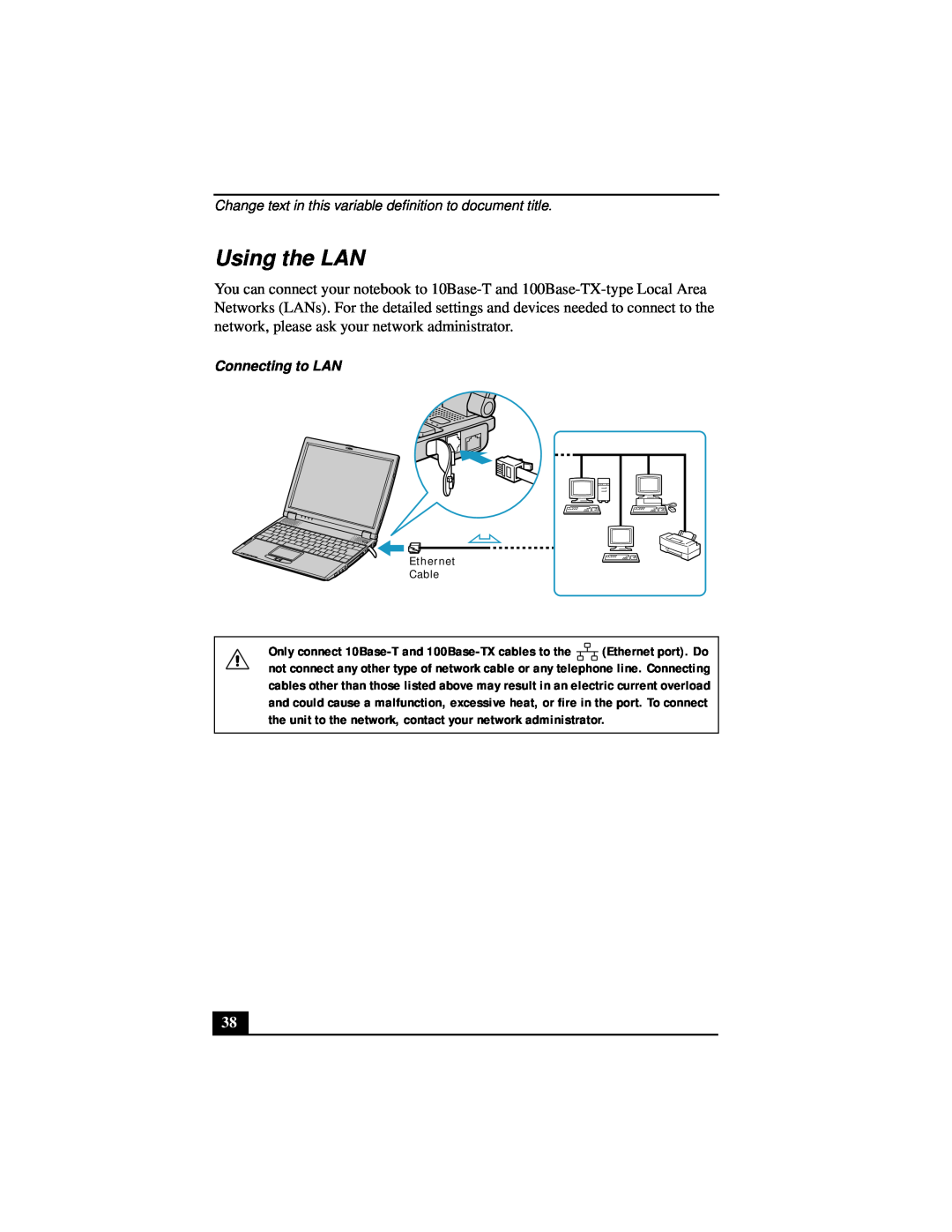 Sony Notebook Computer manual Using the LAN, Change text in this variable definition to document title, Connecting to LAN 