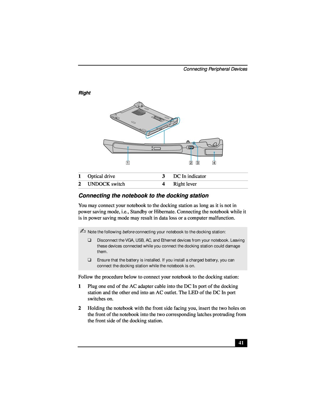 Sony Notebook Computer manual Connecting the notebook to the docking station, Optical drive, DC In indicator, UNDOCK switch 