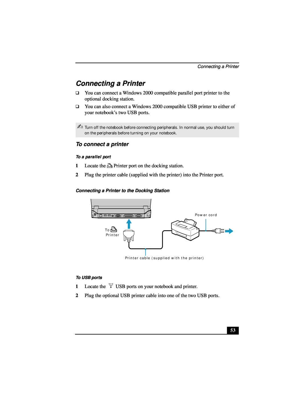 Sony Notebook Computer manual Connecting a Printer, To connect a printer, To a parallel port, To USB ports 