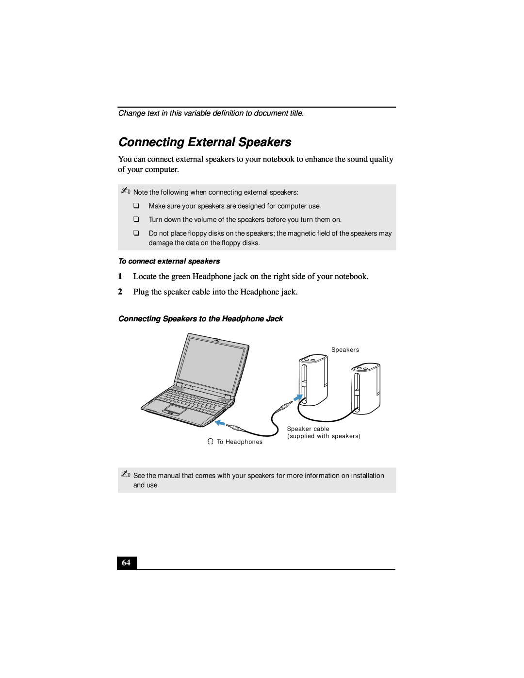 Sony Notebook Computer manual Connecting External Speakers, To connect external speakers 