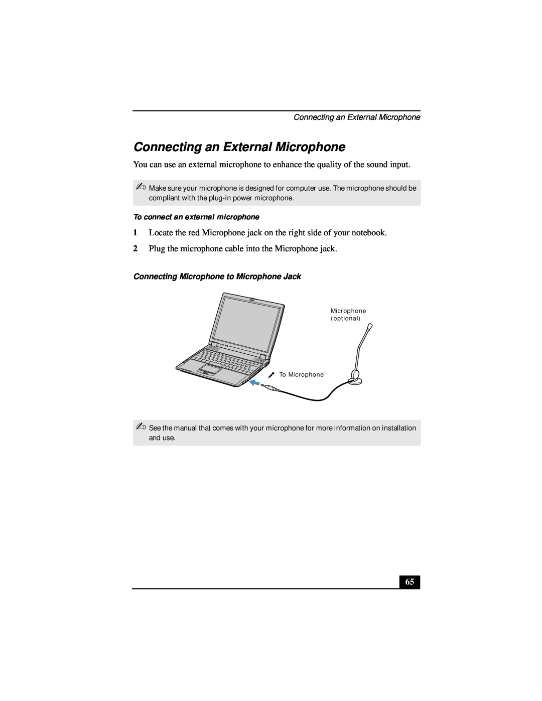 Sony Notebook Computer manual Connecting an External Microphone, To connect an external microphone 
