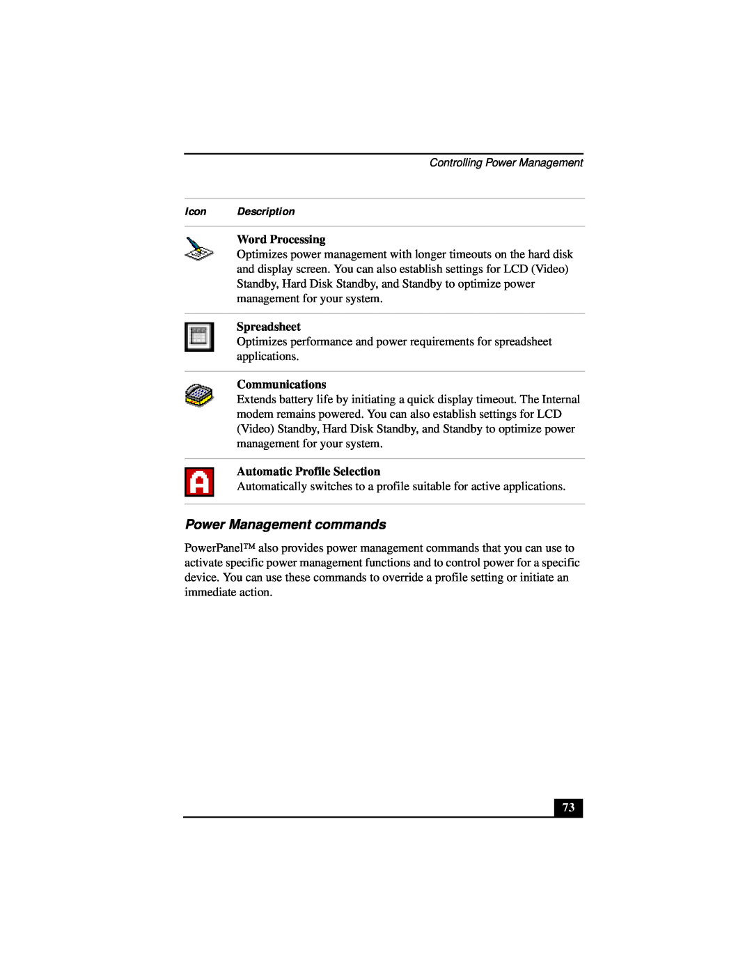 Sony Notebook Computer manual Power Management commands, Icon Description, Word Processing, Spreadsheet, Communications 
