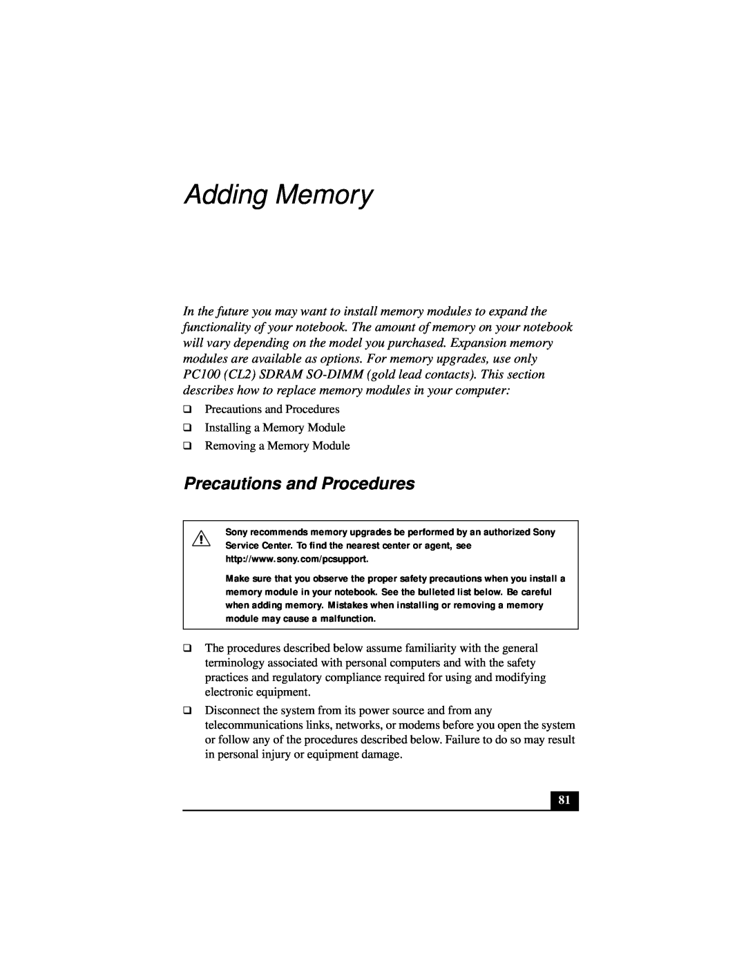 Sony Notebook Computer manual Adding Memory, Precautions and Procedures 