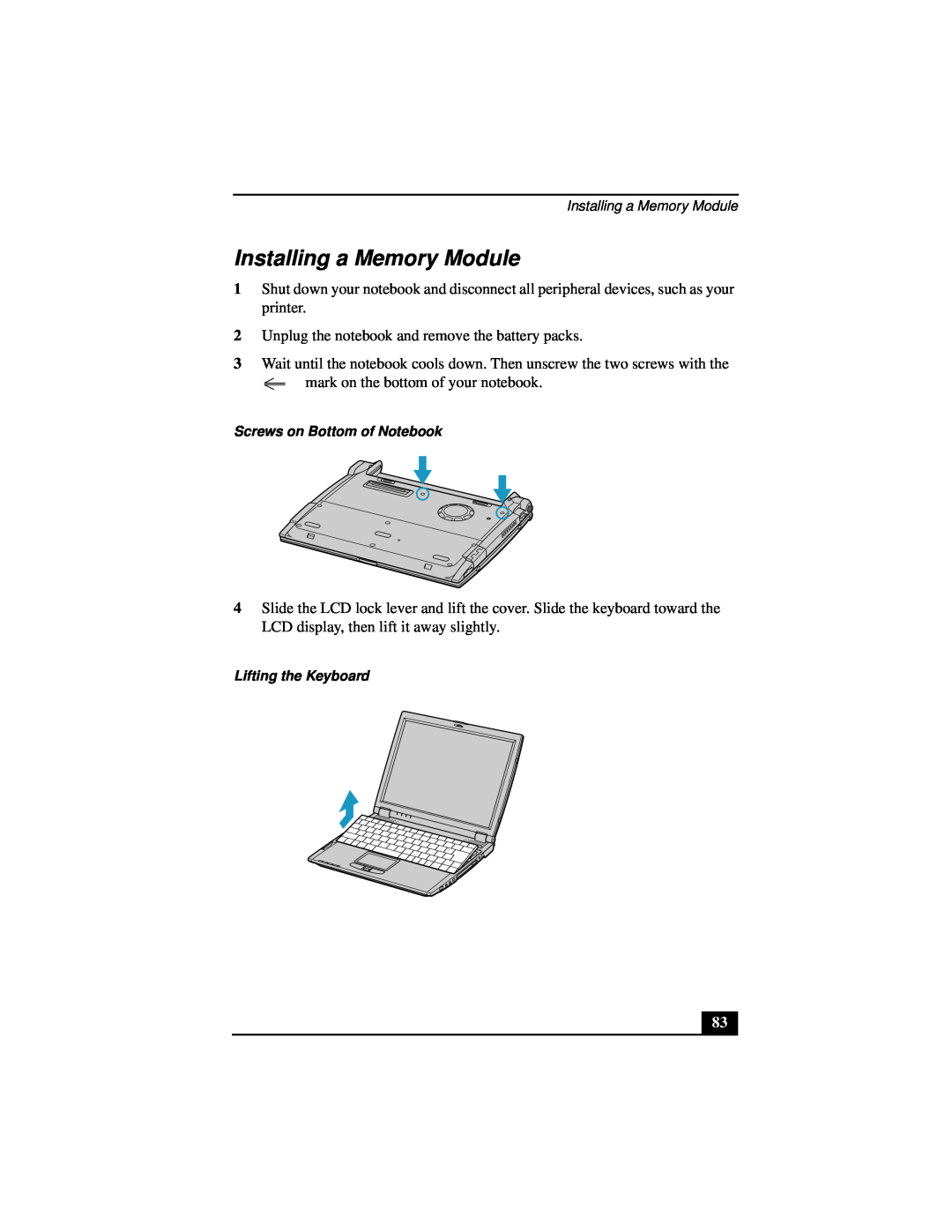 Sony Notebook Computer manual Installing a Memory Module 